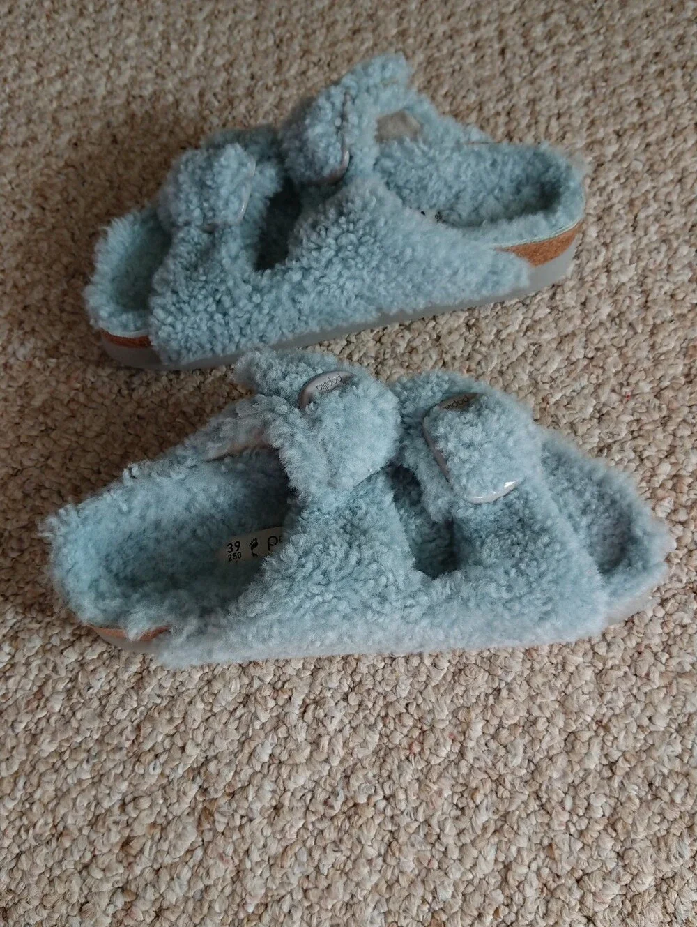Birkenstock Papillio Buckle Shearling Platform Teddy Aqua blue Slide sz 8.5/250